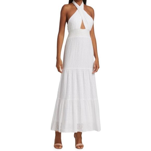 Alice + Olivia Lyndon White Cross Front Halter Eyelet Maxi Dress Size 14